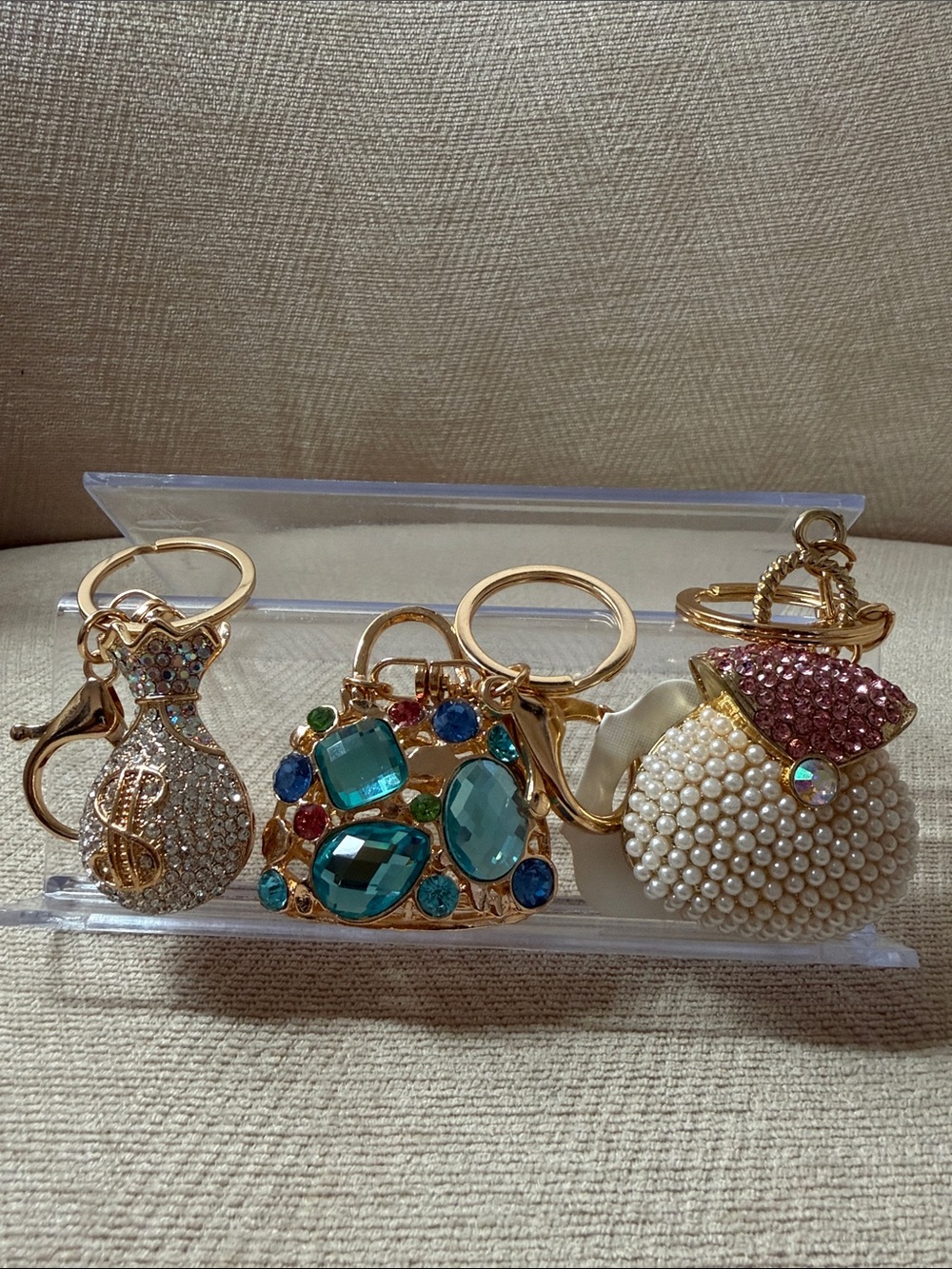 Gold-tone Women's Keychain Bag Charm swith Teal and Pearl Accents. (3set)